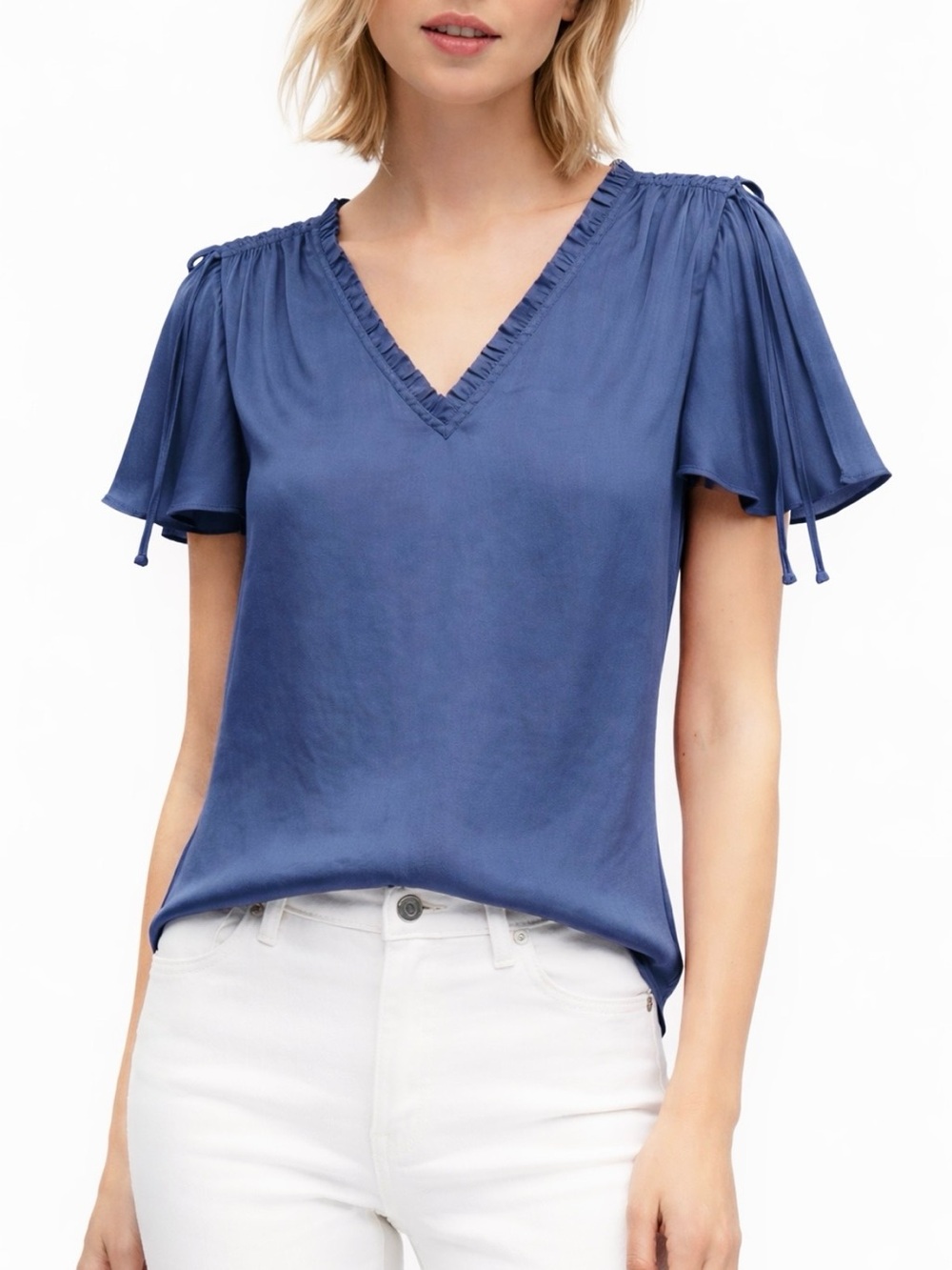 NWT Banana Republic Sz XS Soft Satin Ruffle Flutter Short Sleeve Blue Blouse Top